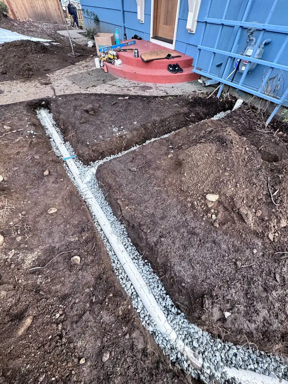 Underground drainage installation beside a foundation in Greater Vancouver