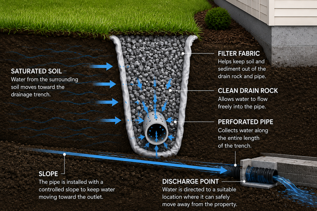 How a French drain works to collect and redirect groundwater in Vancouver