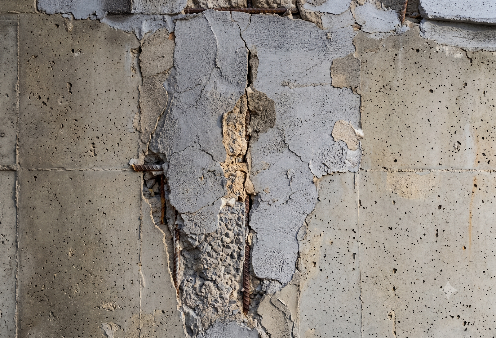 Concrete foundation showing signs of a failed previous repair