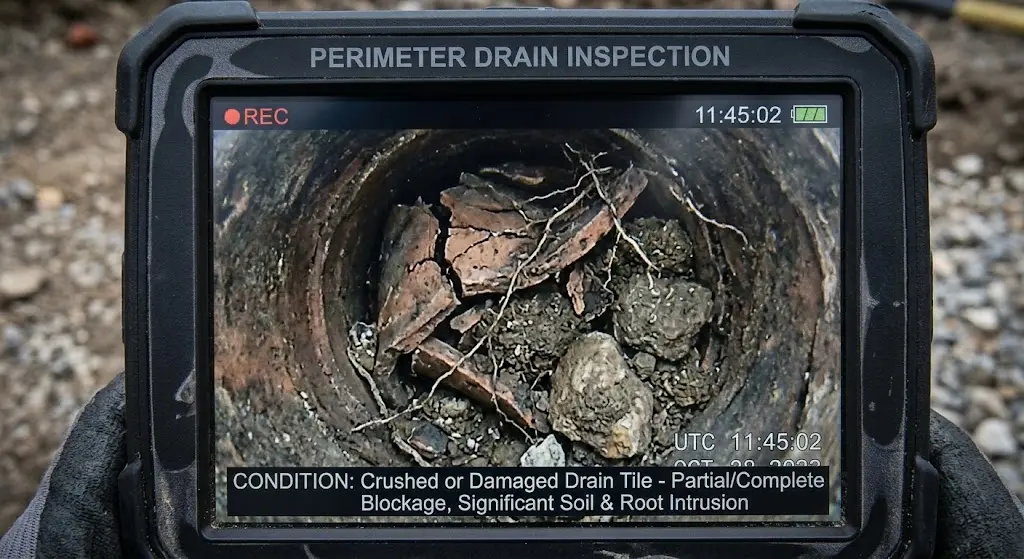 Crushed and damaged drain tile visible during inspection