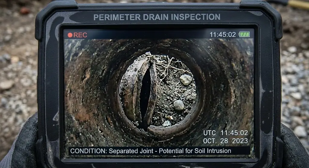Separated pipe joint visible during a drain inspection
