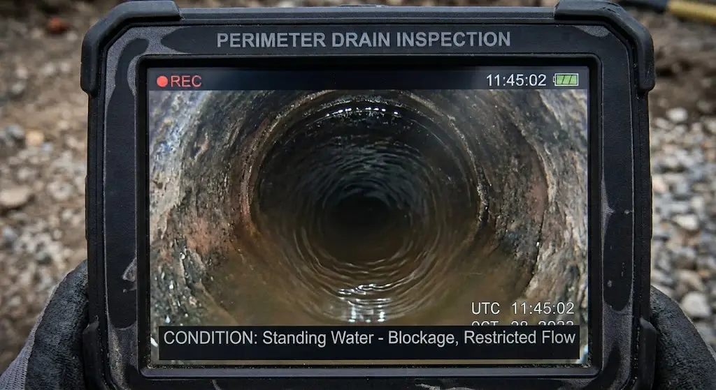 Standing water visible inside an underground drainage line
