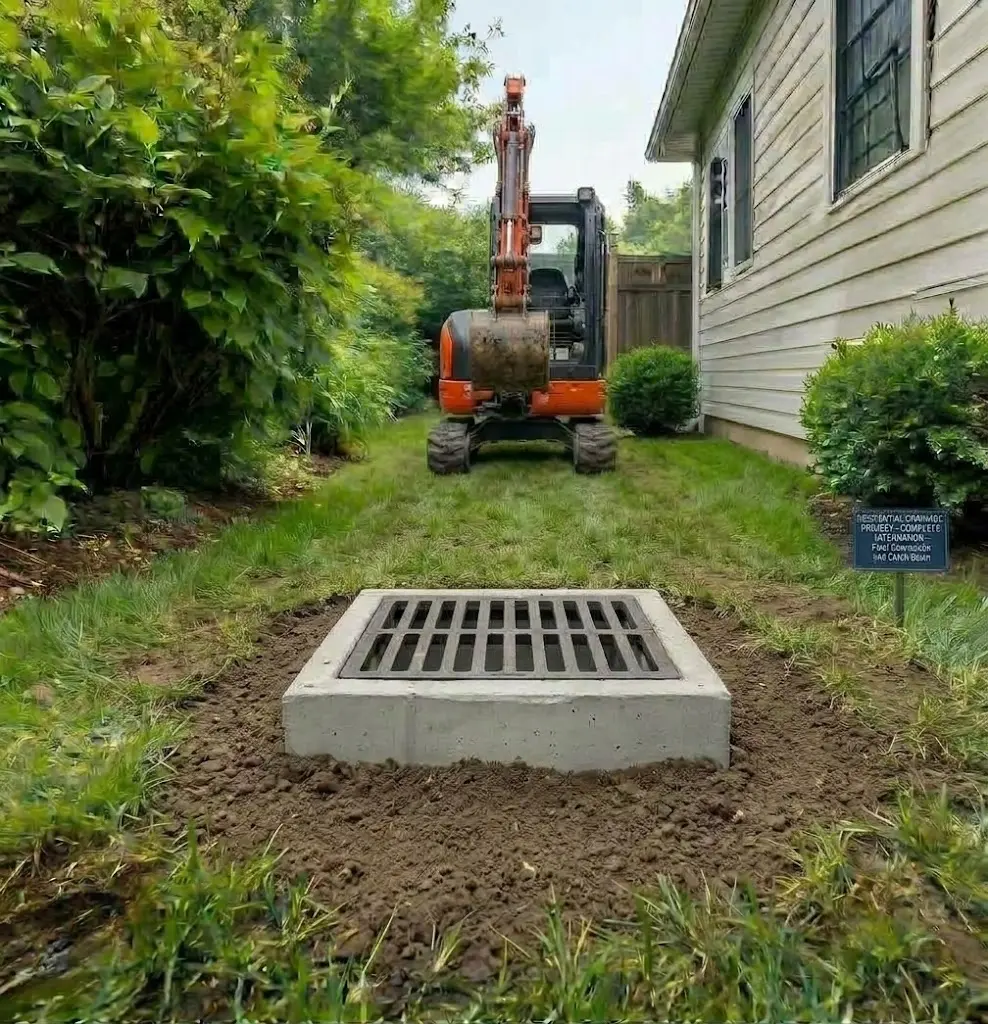 French drain trench being backfilled and restored