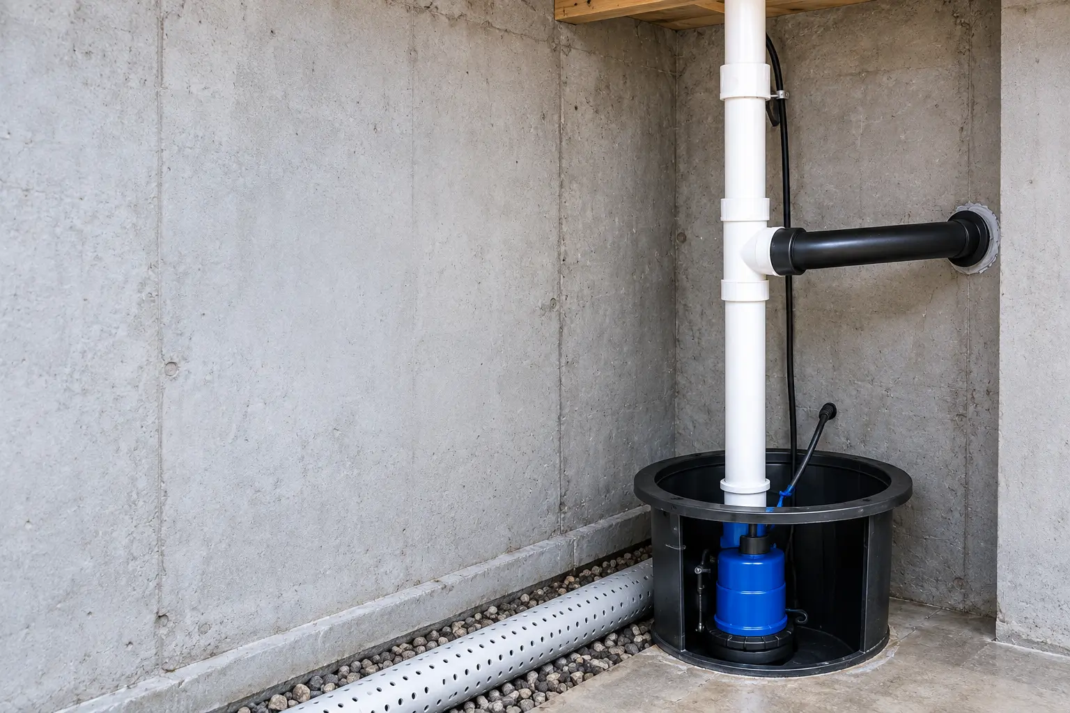 Interior basement sump pump connected to basement drainage and discharge piping