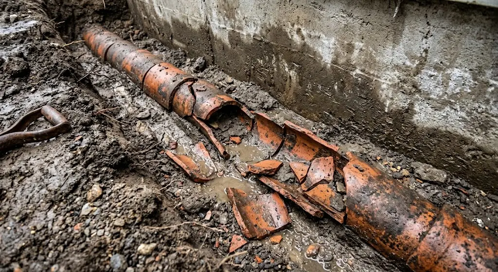 Broken older clay perimeter drain tile with roots and soil around the pipe