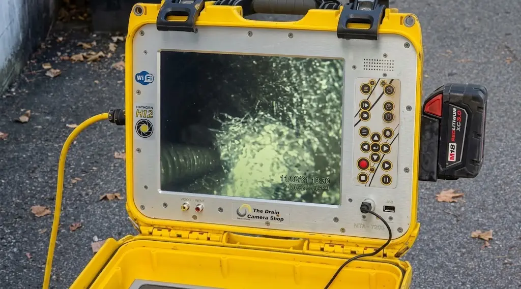 Drain camera monitor showing the inside of an exterior underground drainage pipe
