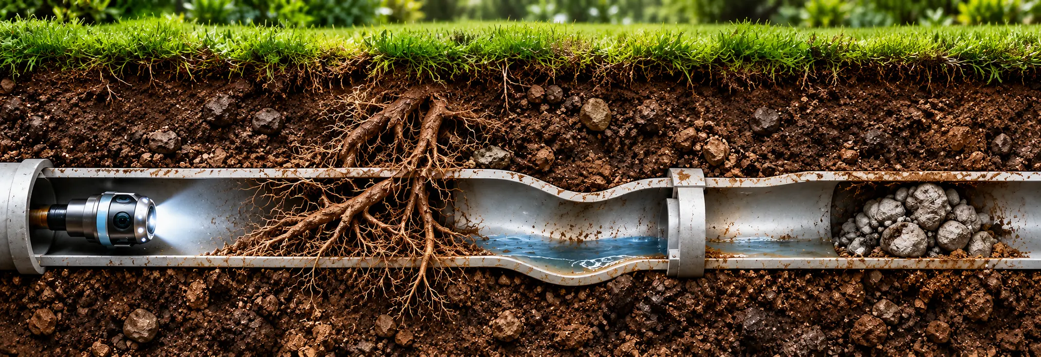 Drain camera travelling through an underground drainage pipe with roots, a displaced section and an obstruction