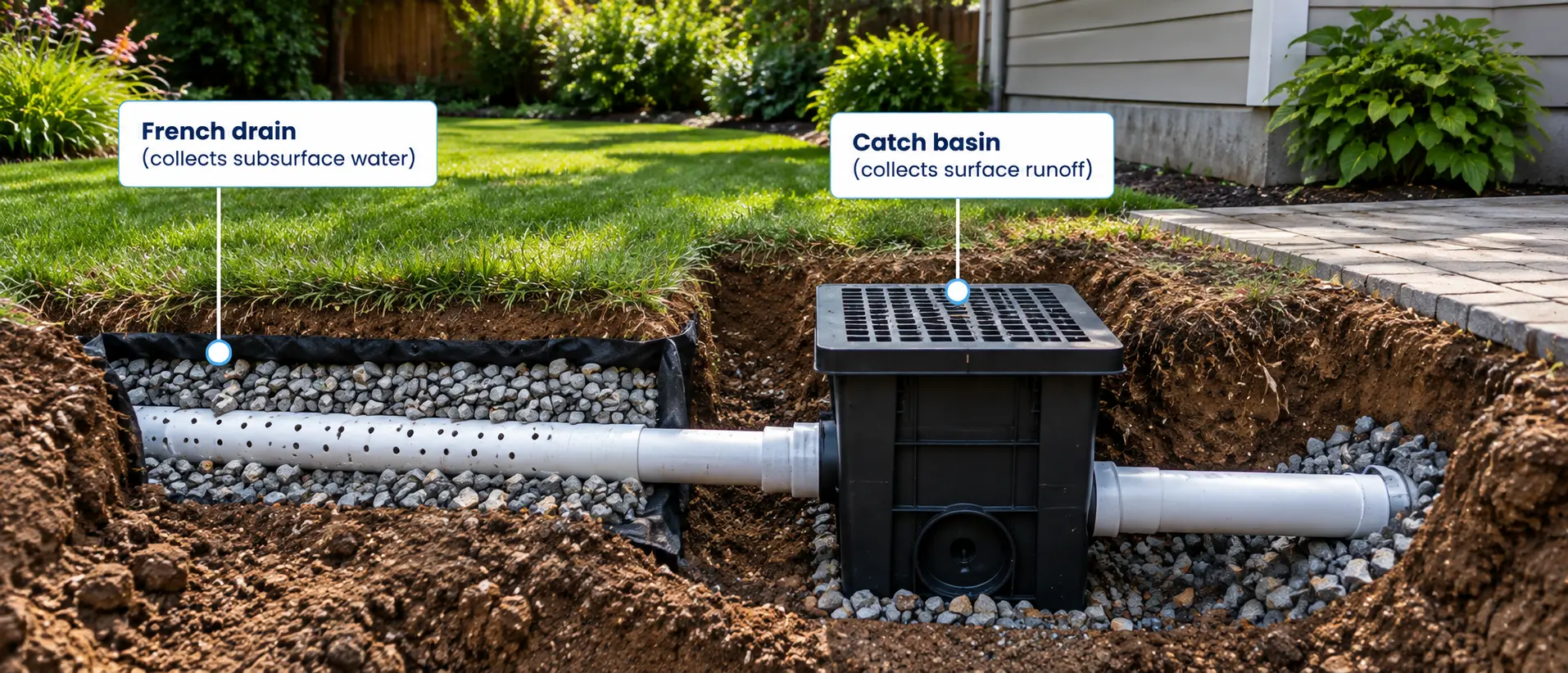 French drain and catch basin system showing subsurface drainage and surface runoff collection