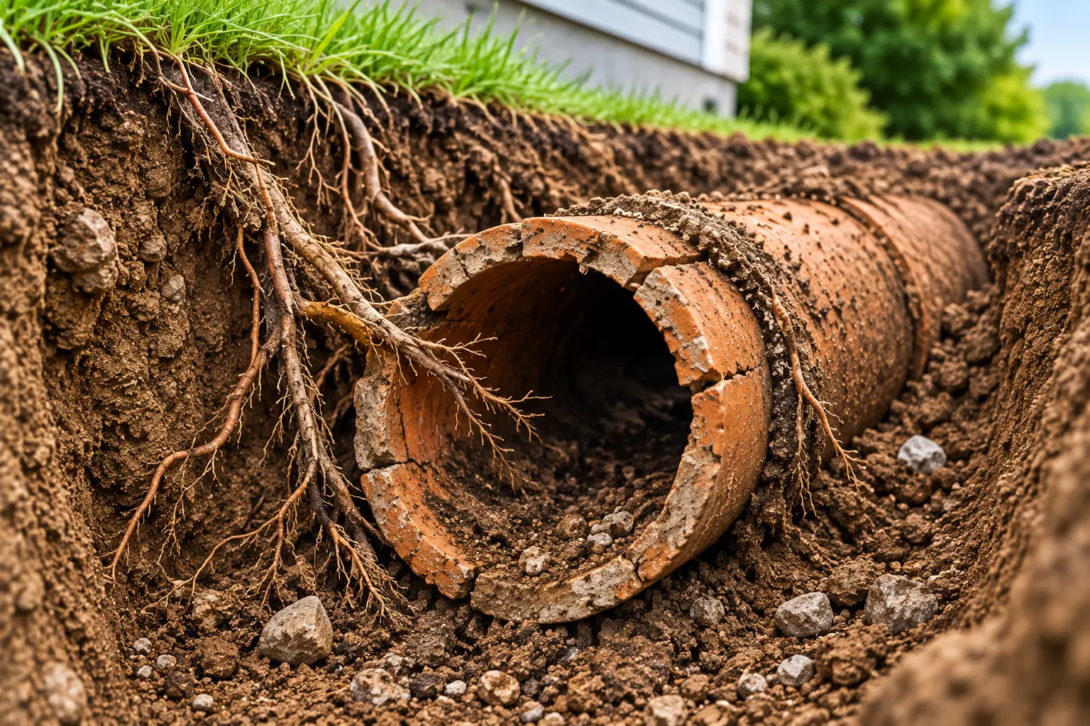 Older clay drain tile with roots and deterioration
