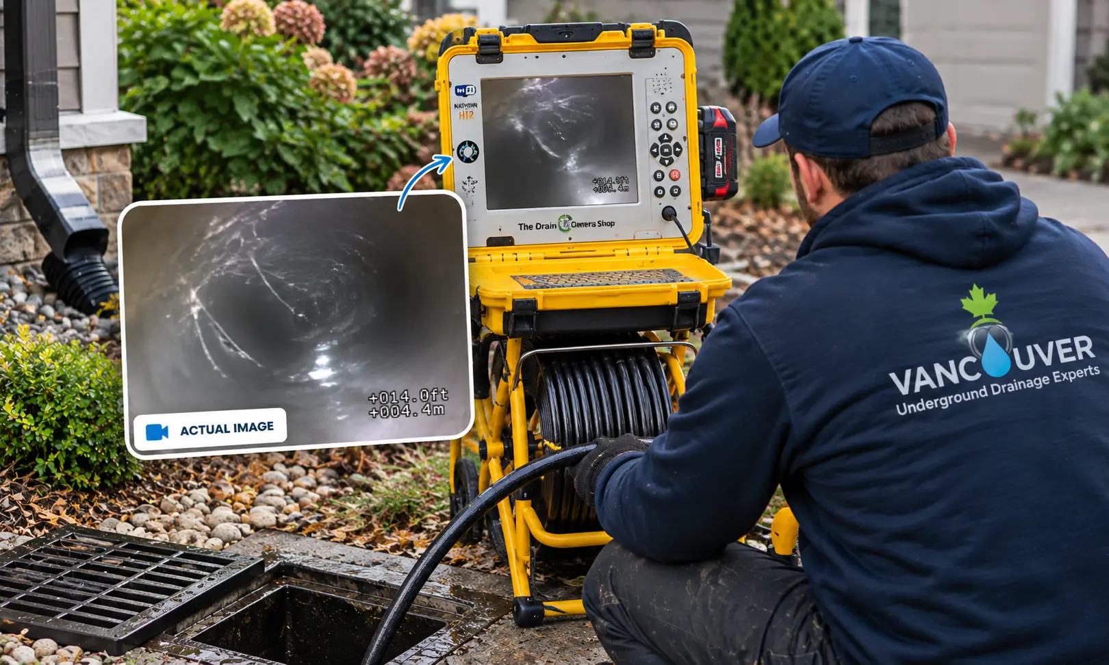 Drain camera inspection equipment being used on an exterior drainage line in Vancouver