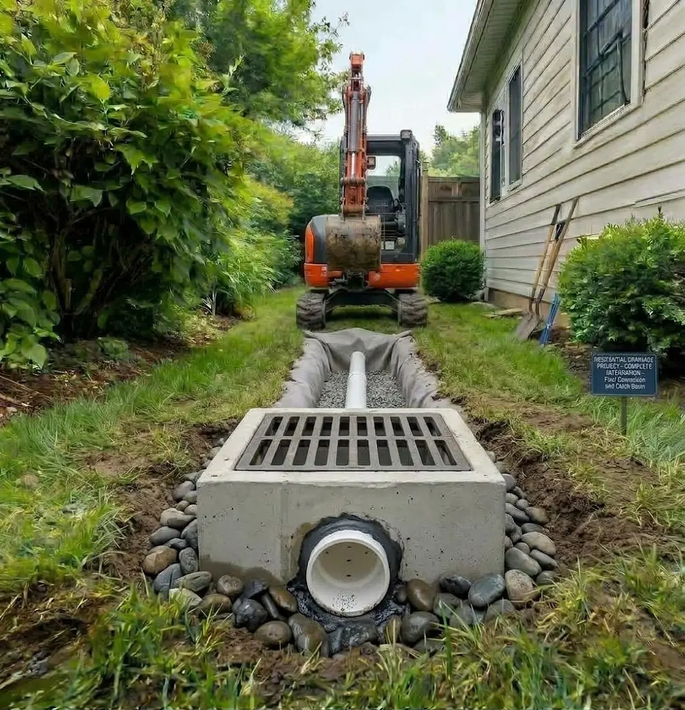 French drain pipe connected to a drainage basin