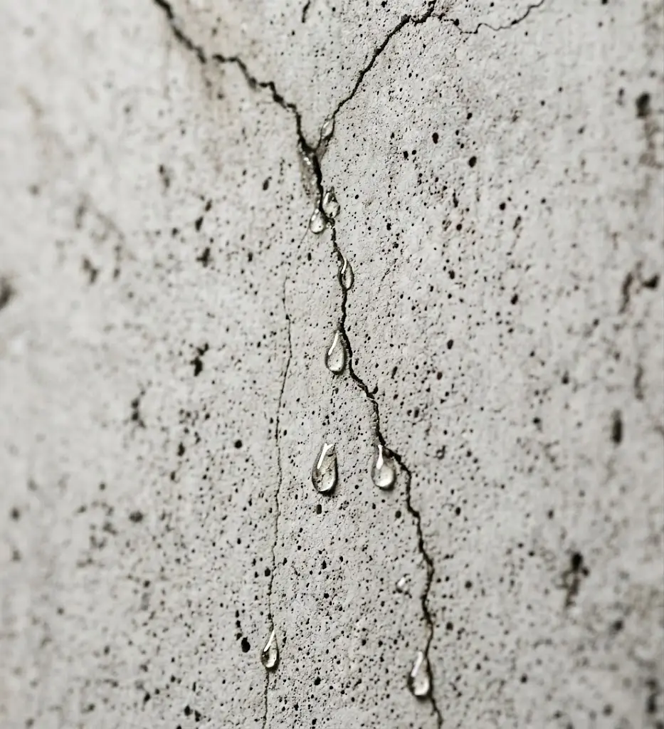 Crack in a foundation wall with leaking water