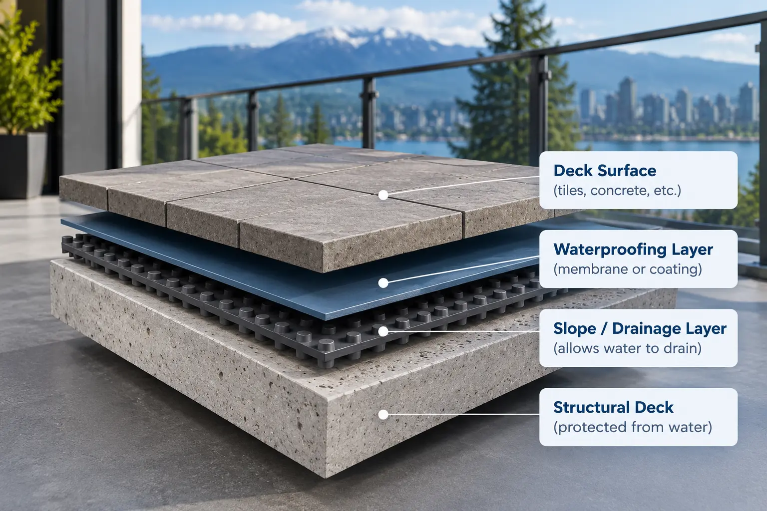 Deck waterproofing layers showing deck surface, waterproofing membrane, drainage layer and structural deck