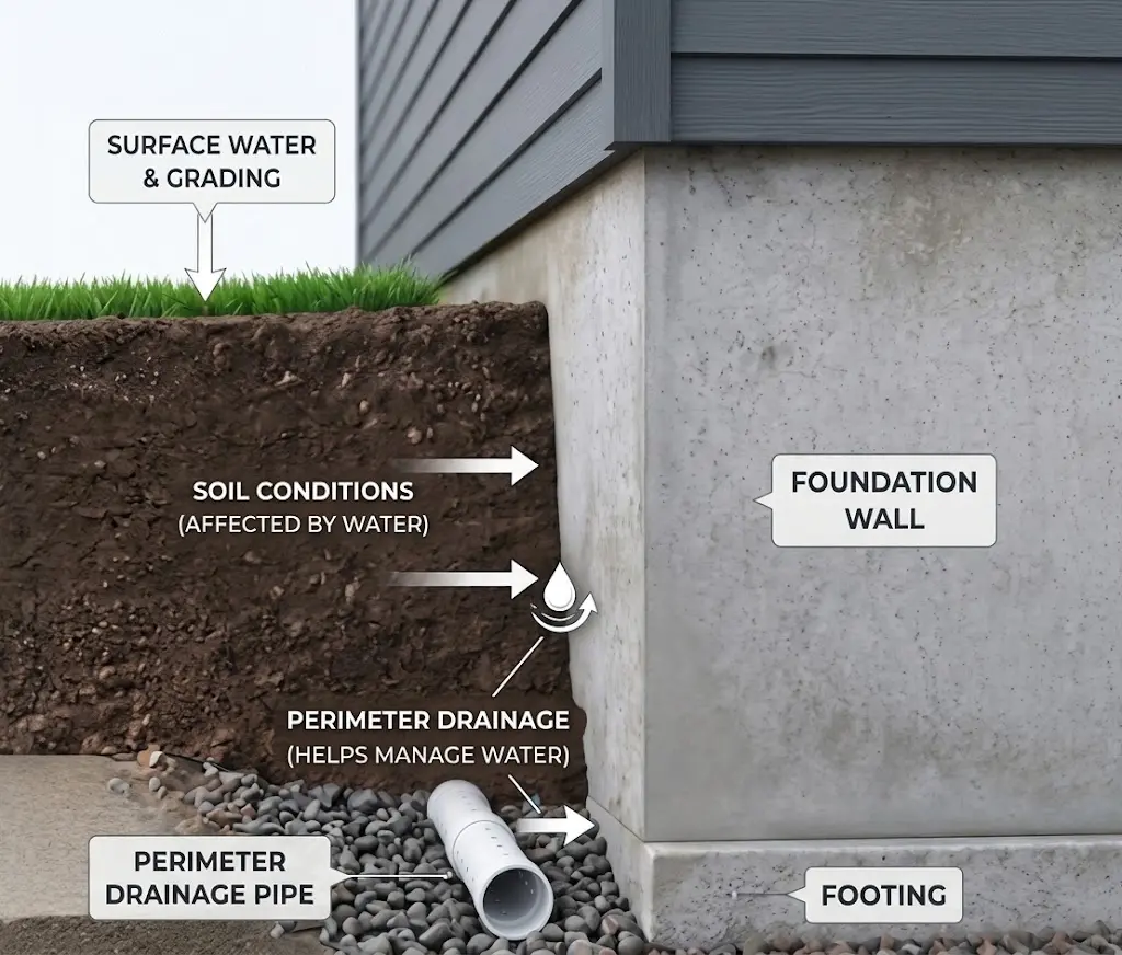 Diagram showing surface water, soil conditions, perimeter drainage, foundation wall and footing