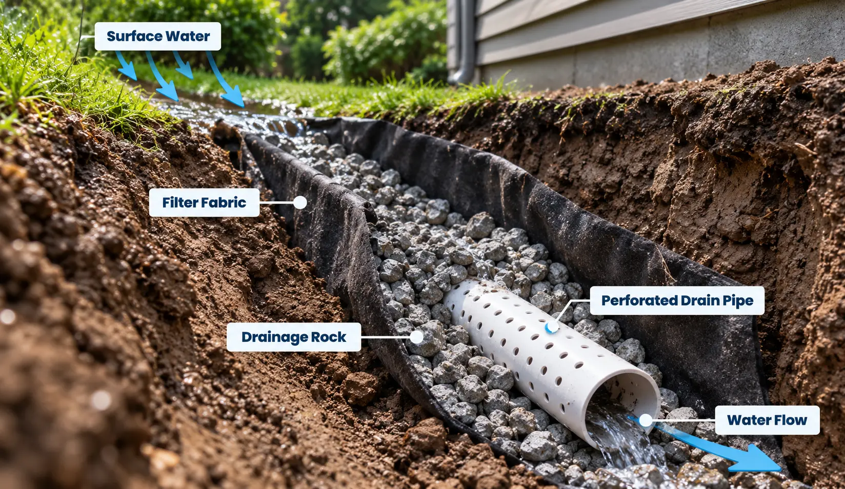 French drain diagram showing surface water, filter fabric, drainage rock, perforated drain pipe and water flow