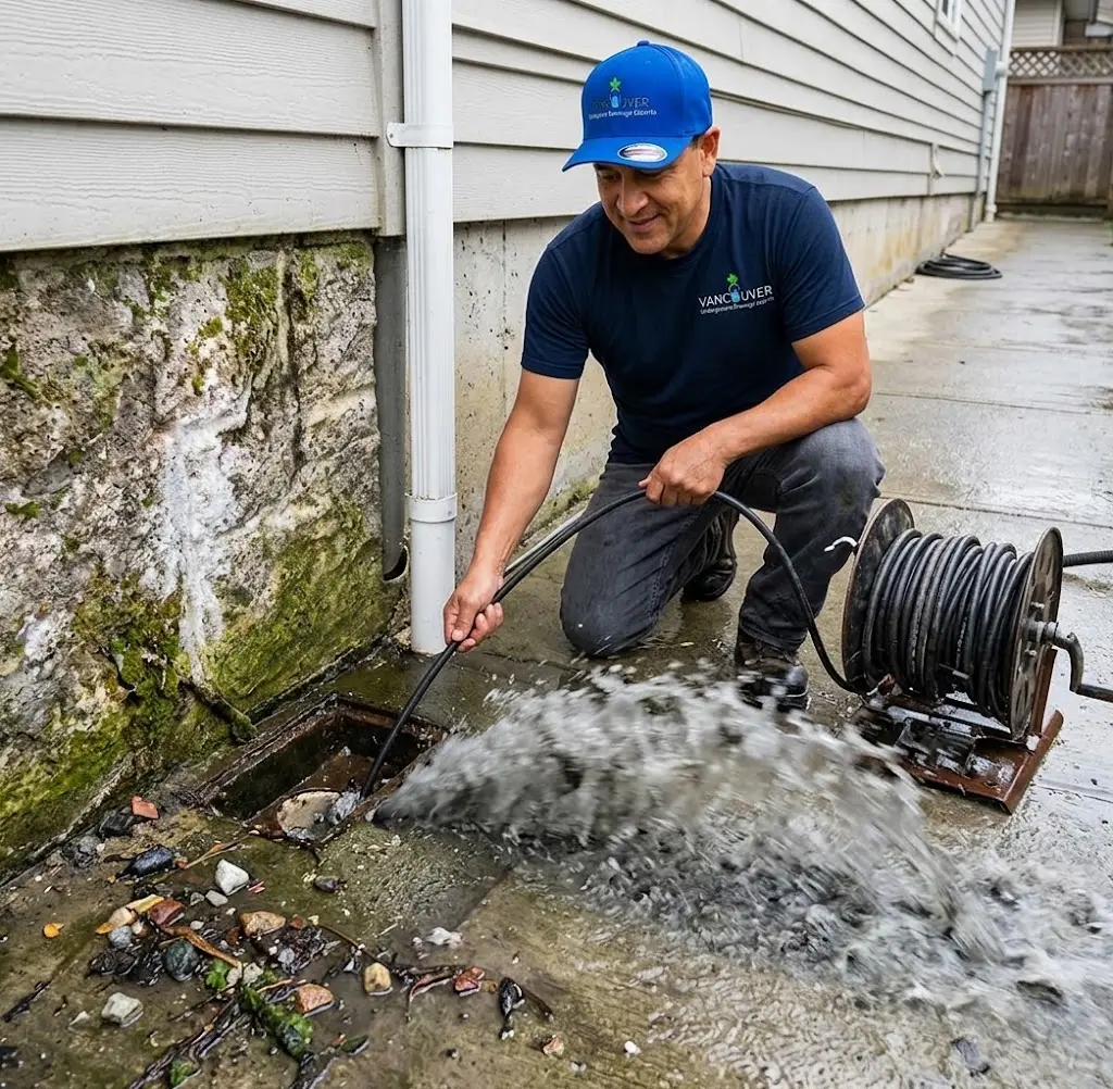 Technician cleaning an underground perimeter drain in Greater Vancouver