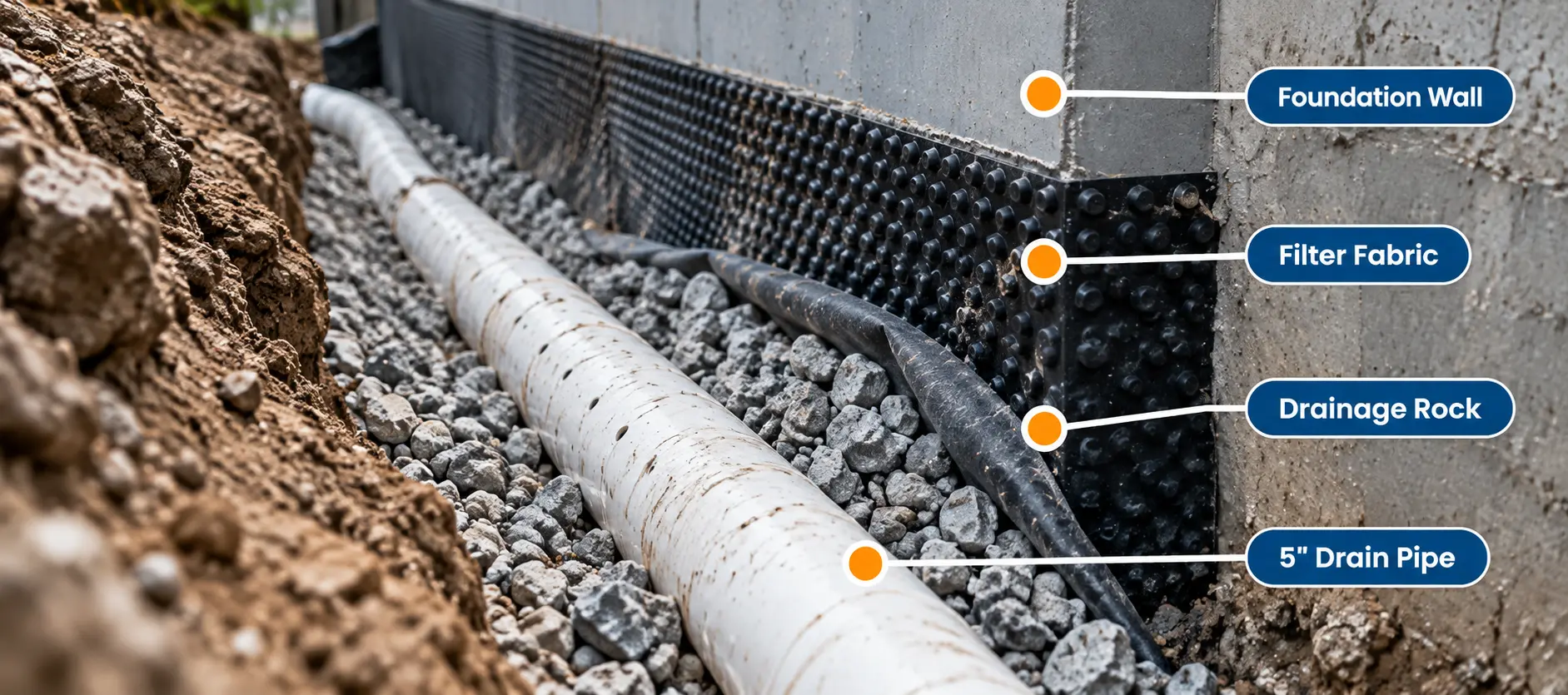 Drain tile installation diagram showing foundation wall, drainage rock, filter fabric and drain pipe