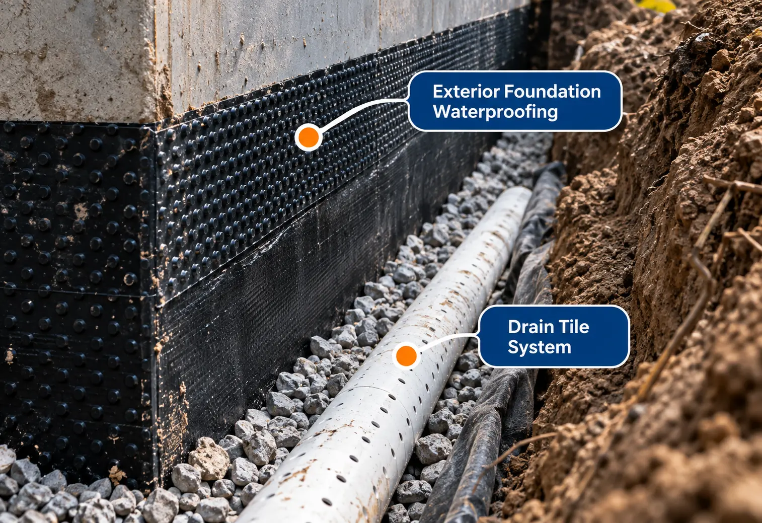 Foundation waterproofing and drain tile system installed beside a foundation