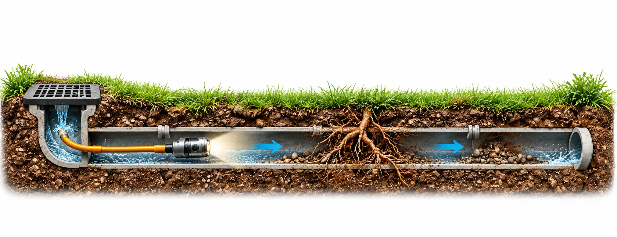Underground exterior drainage line with drain camera traveling through the pipe