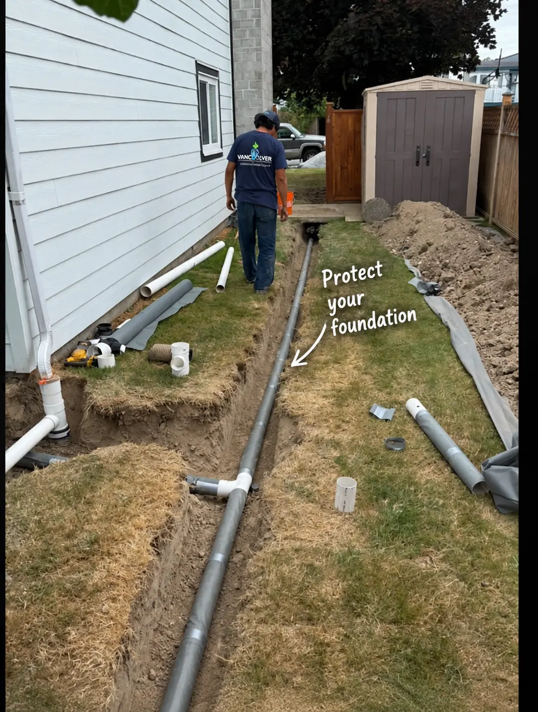 Perimeter drain installation beside a Vancouver foundation