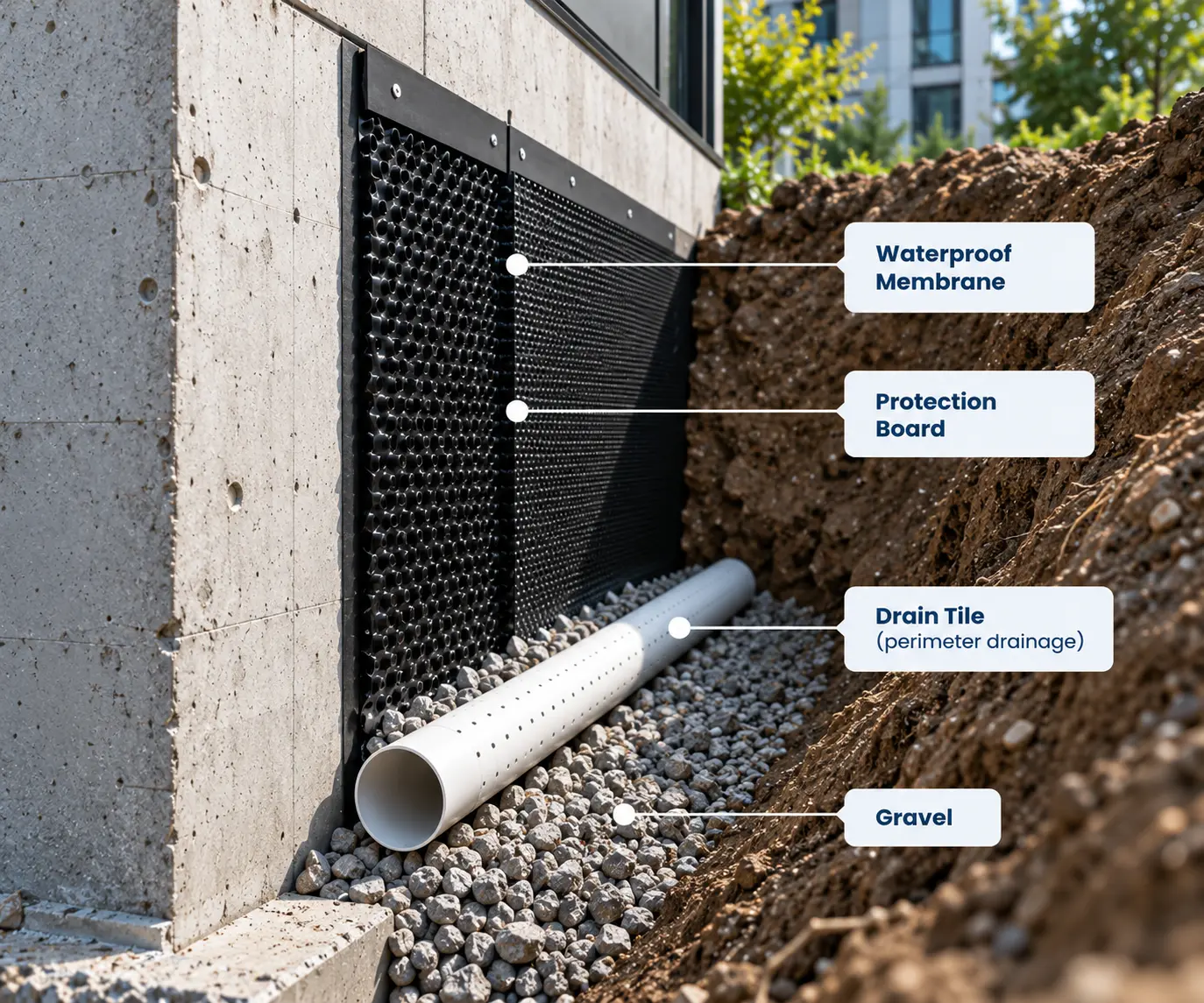 Commercial foundation waterproofing with waterproof membrane, gravel and perimeter drain tile
