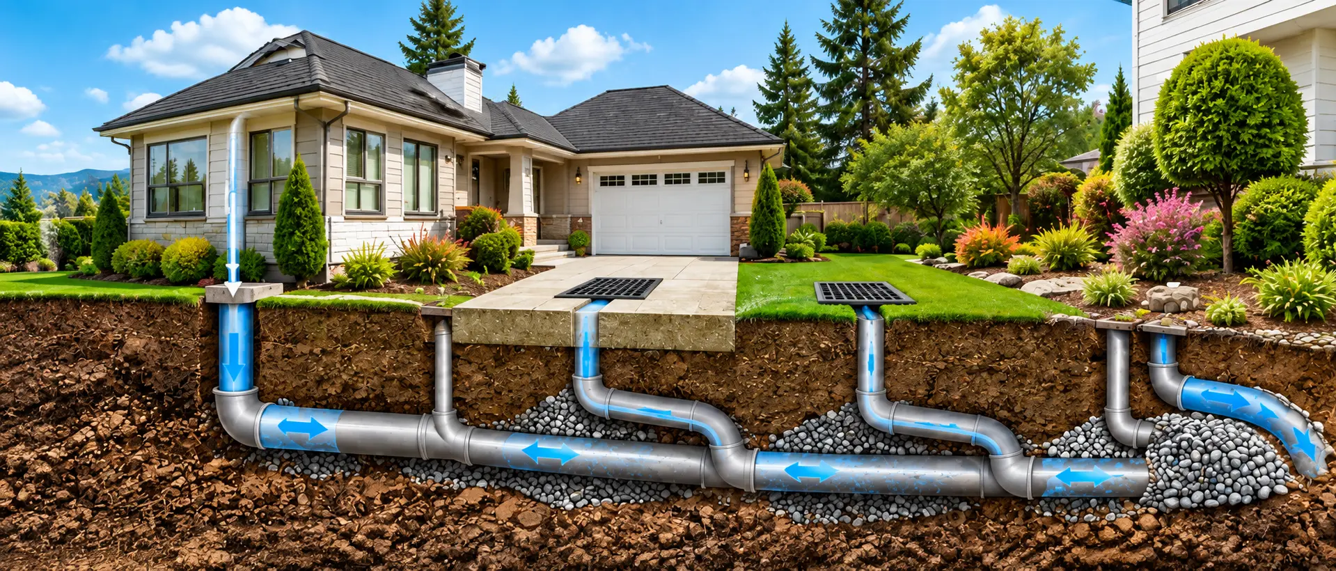 House showing several separate exterior drainage paths beneath the property