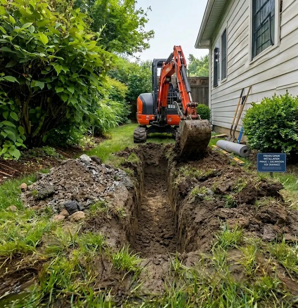 Excavating a trench for French drain installation