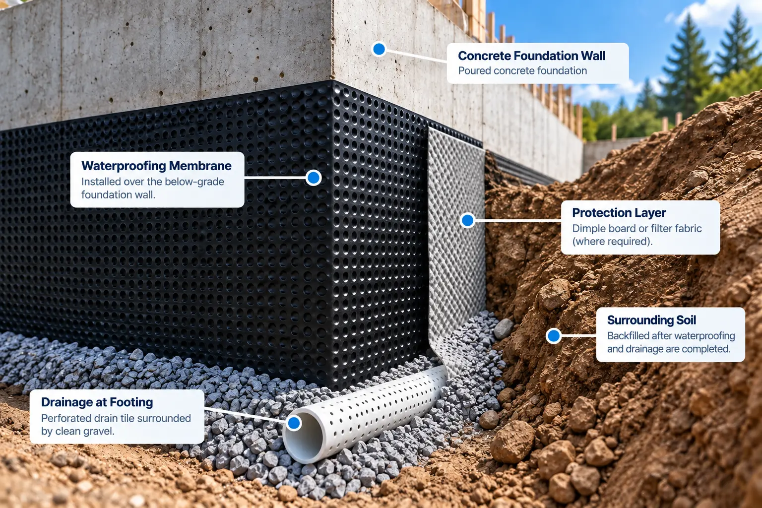 Diagram showing a new construction foundation wall waterproofing system with membrane, footing drainage and surrounding soil