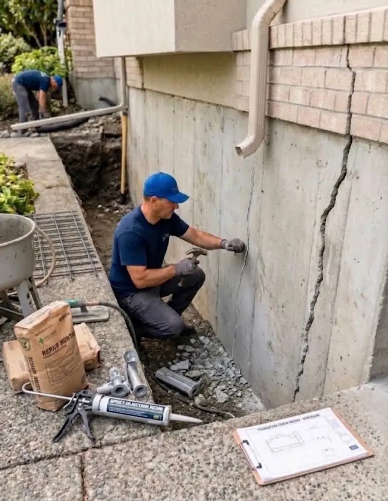 Foundation crack being professionally repaired