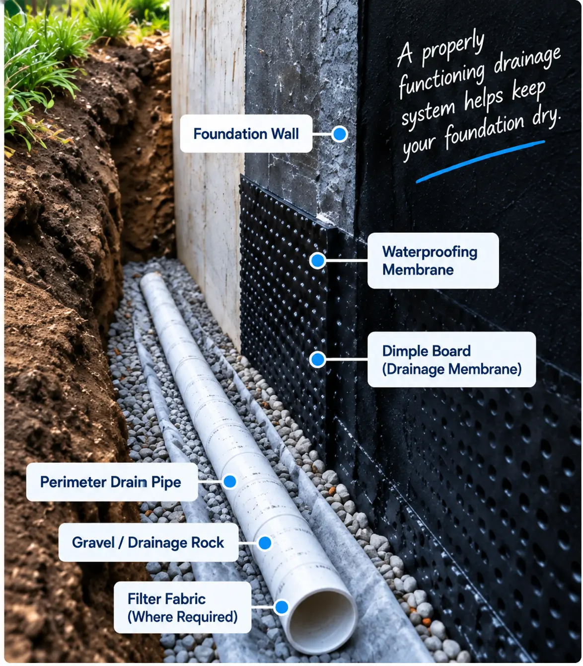 Foundation waterproofing and perimeter drainage system explained