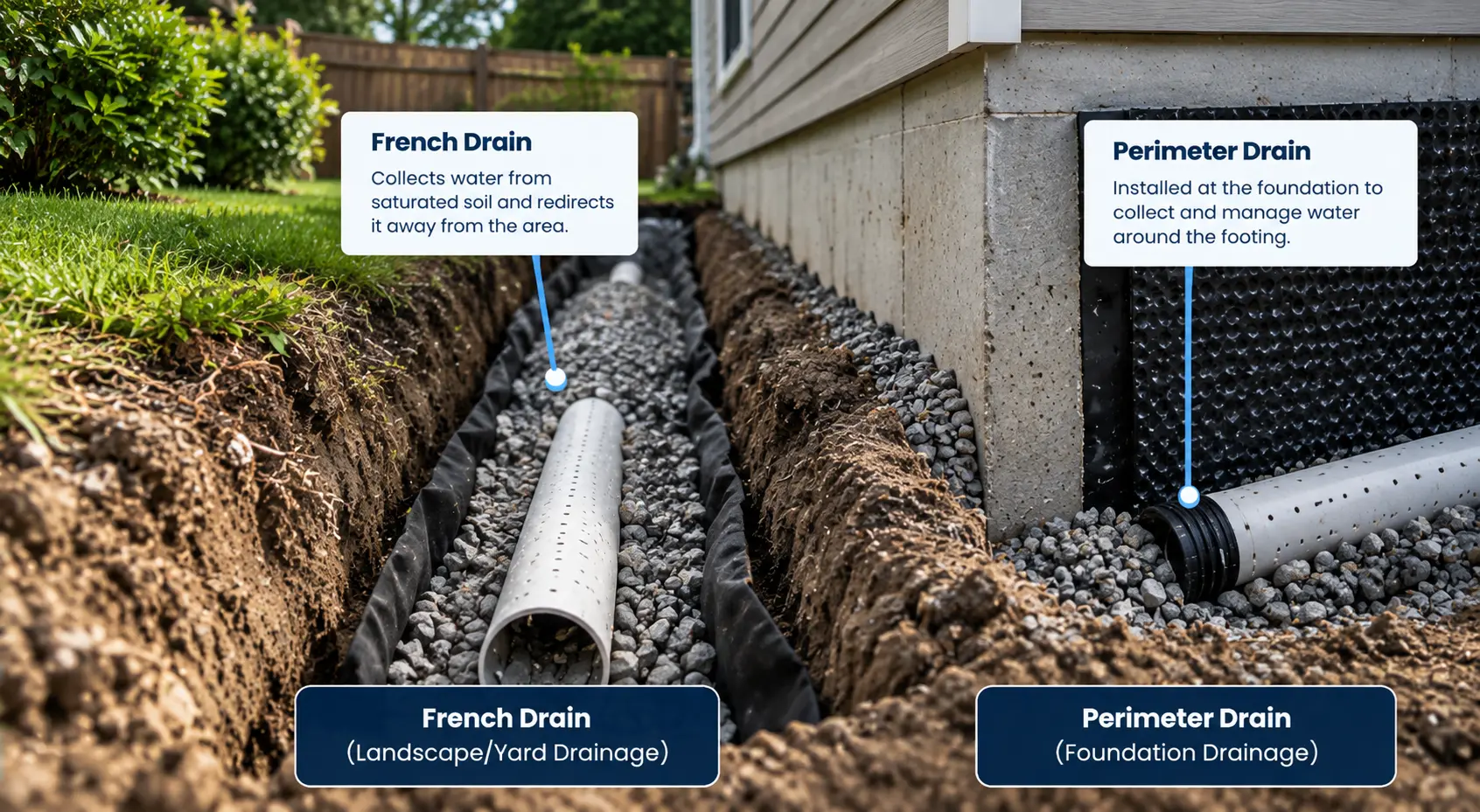 Comparison between a French drain for landscape drainage and a perimeter drain beside a foundation