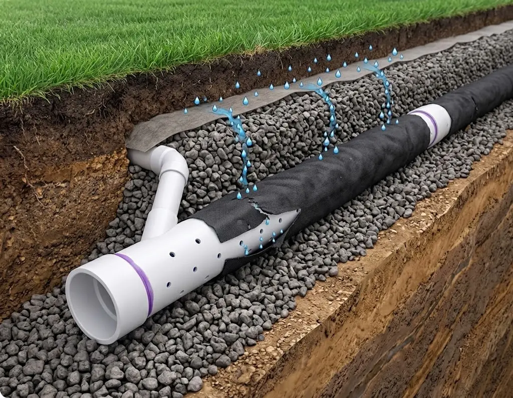 French drain with perforated pipe, gravel and filter fabric