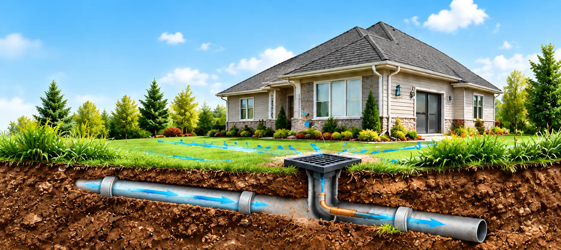 House showing surface water flowing toward a catch basin and exterior underground drainage