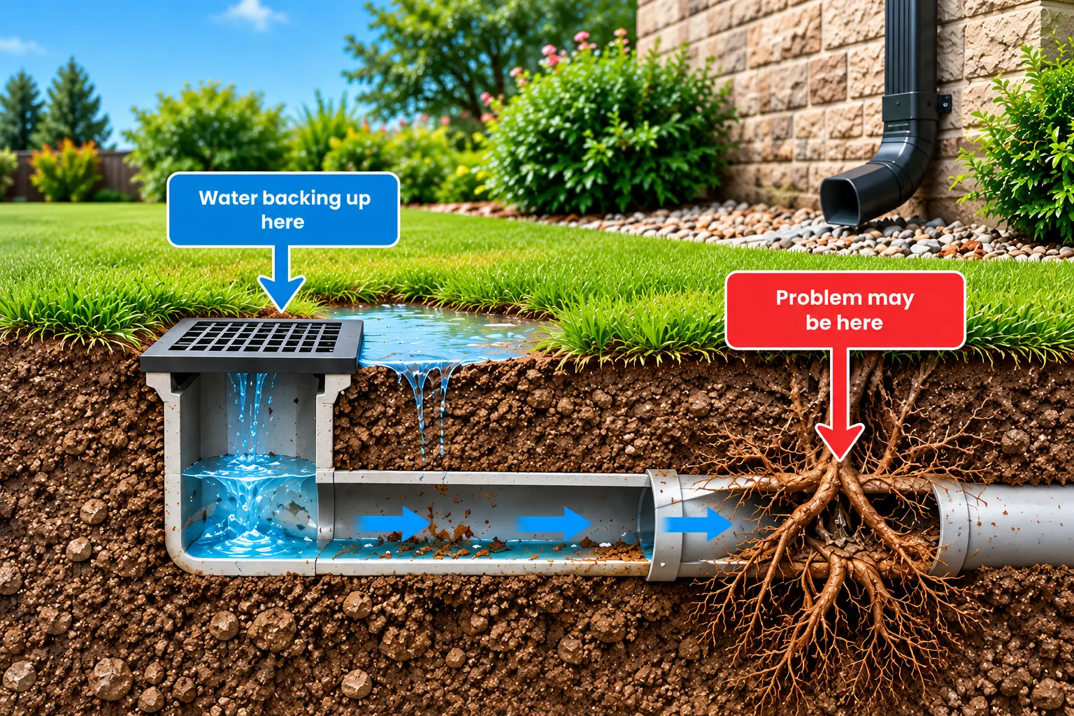 Exterior drainage cutaway showing water backing up at a drain and a root blockage farther along the underground line