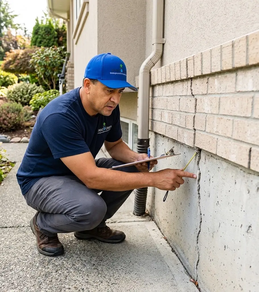 Foundation specialist inspecting a crack in a foundation