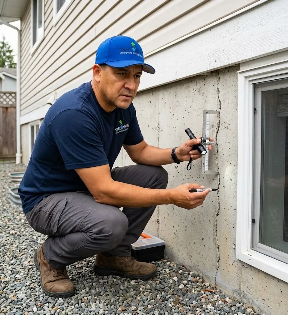 Inspecting a foundation crack at a Vancouver property