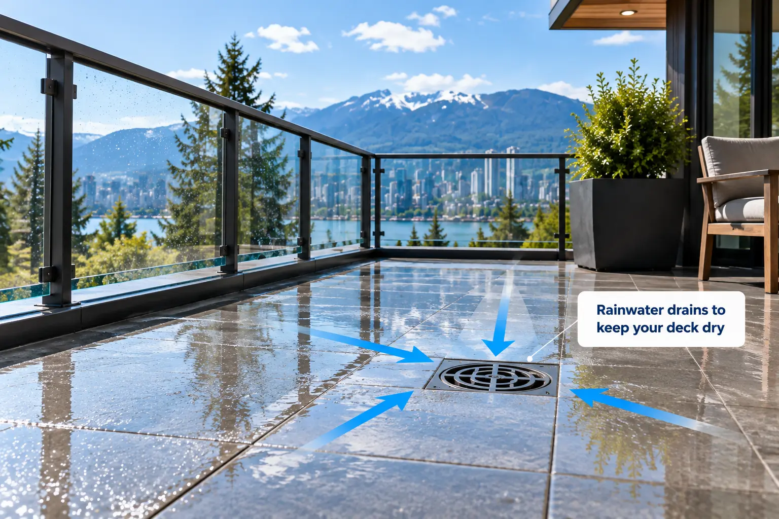 Deck drainage directing rainwater toward a deck drain