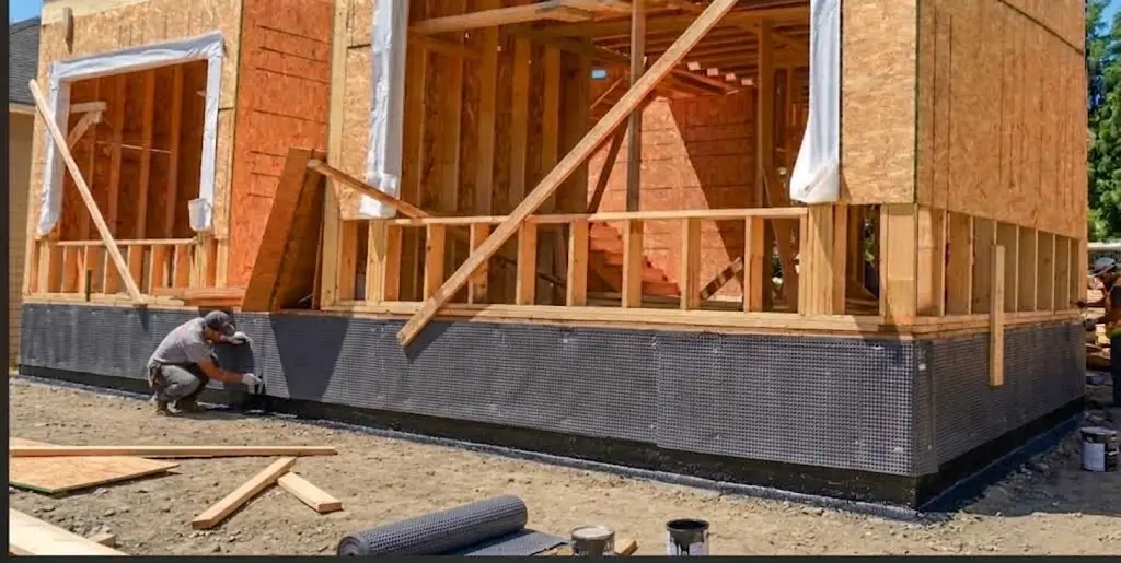 New construction foundation waterproofing installed before backfill