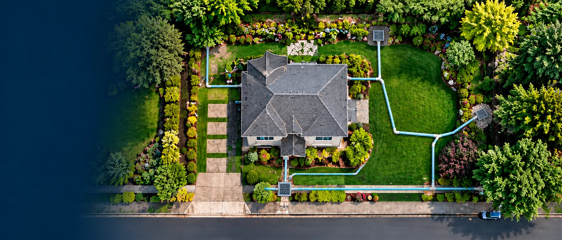 Aerial view of a Greater Vancouver property showing multiple exterior drainage paths around the home
