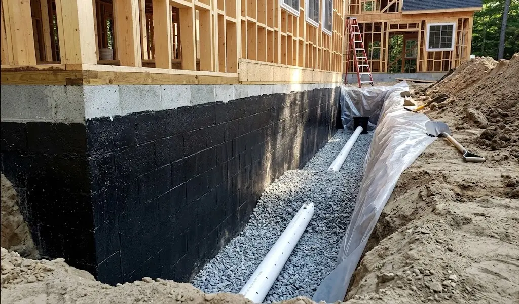 Perimeter drain installation around a new concrete foundation in Vancouver