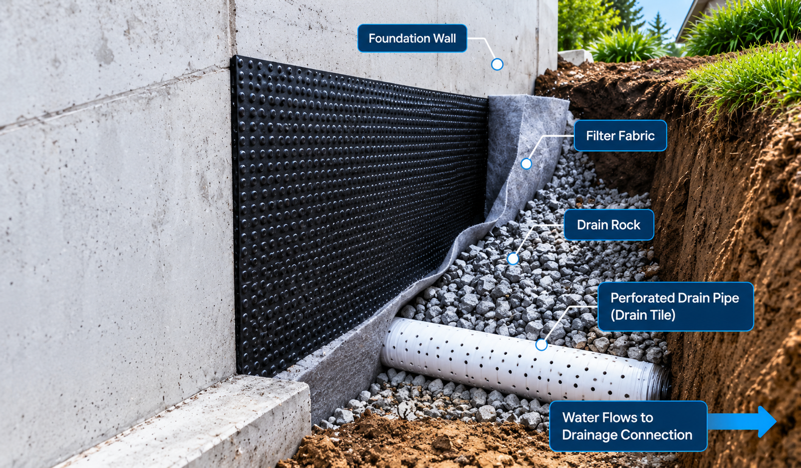 Perimeter drainage system showing foundation wall, filter fabric, drain rock, perforated drain pipe and drainage connection