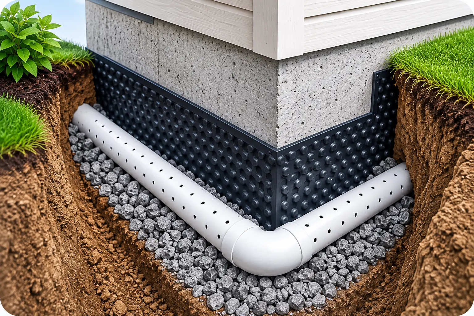 White PVC perimeter drainage around a house foundation