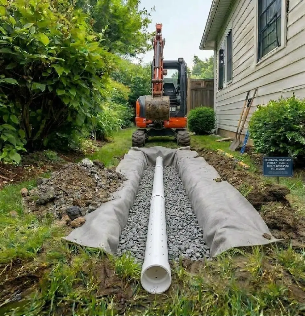 Perforated French drain pipe installed in drainage rock