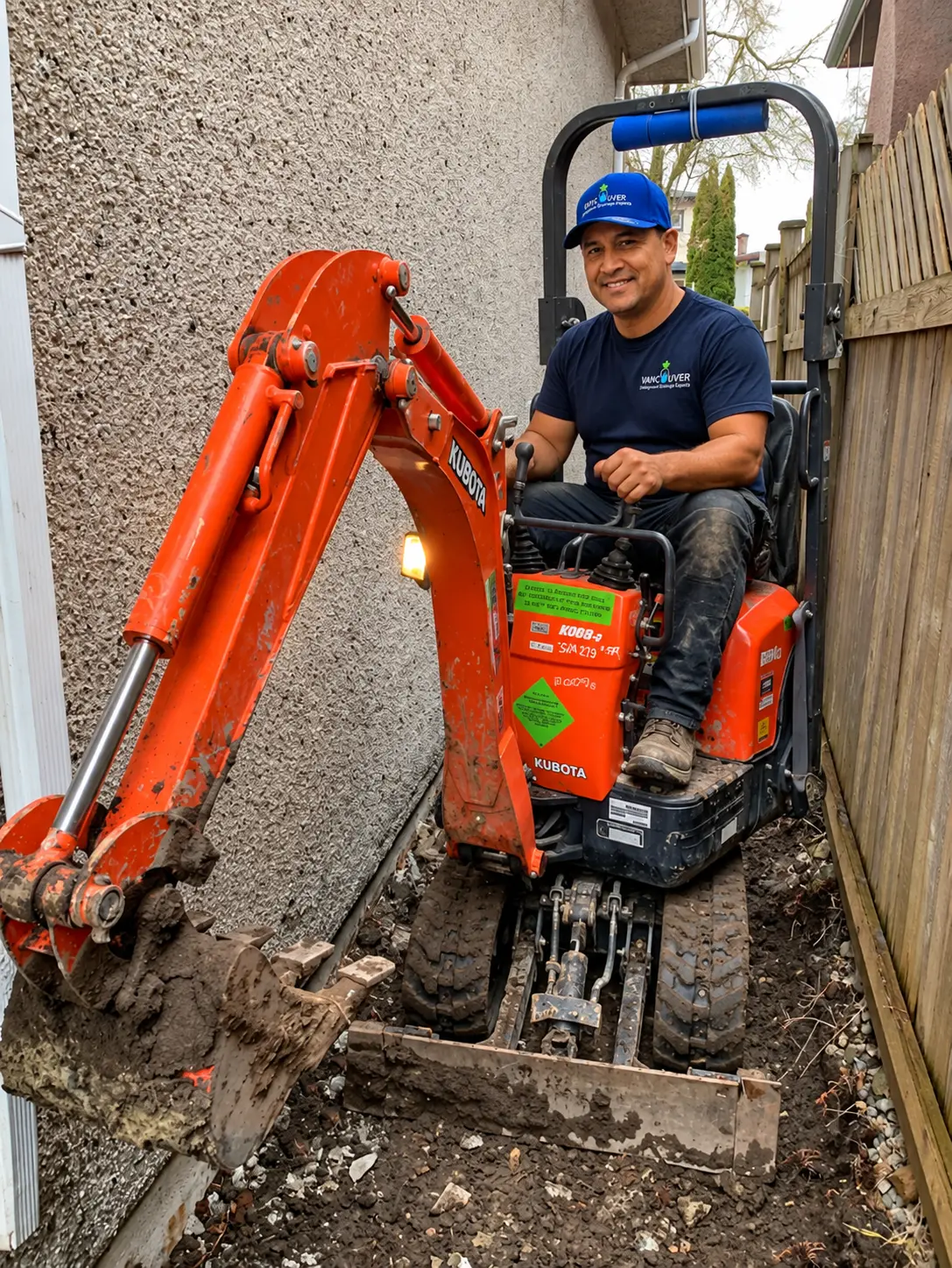 Ricardo operating excavation equipment for underground drainage repair in Greater Vancouver
