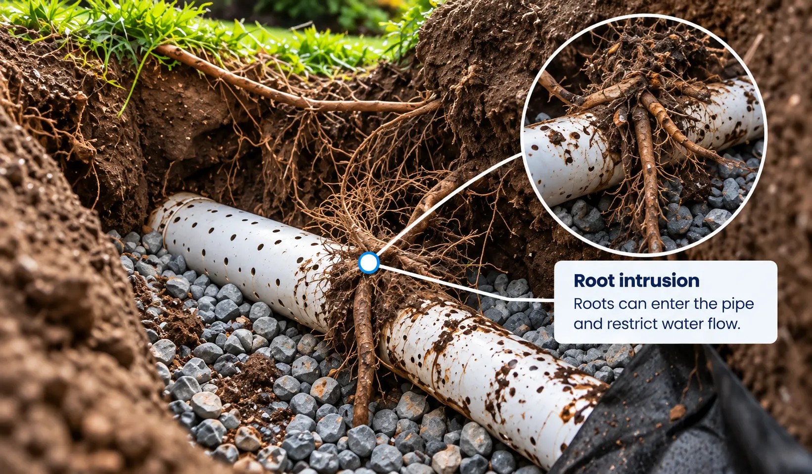 French drain pipe affected by root intrusion