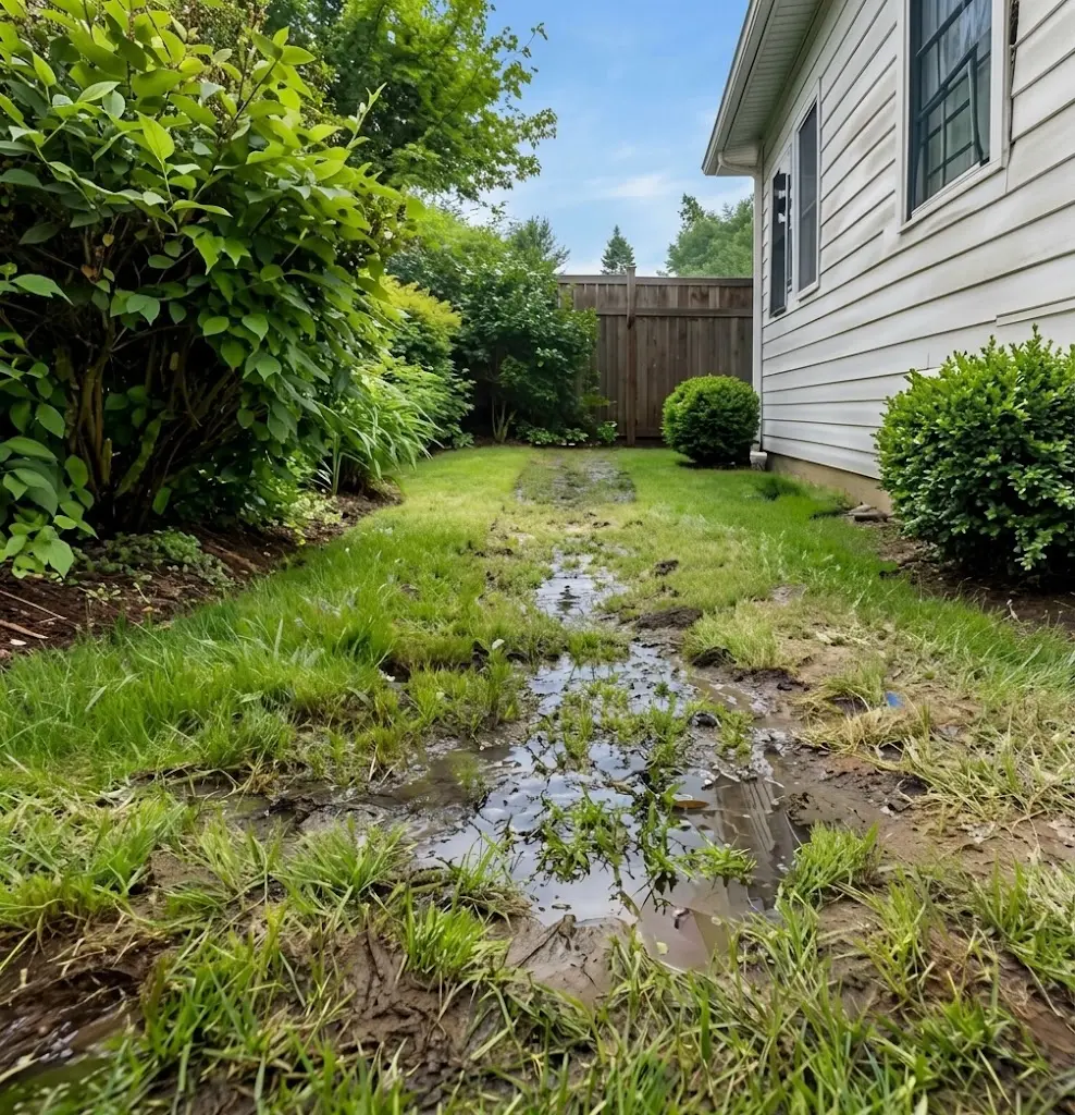 Wet and soggy ground before French drain installation