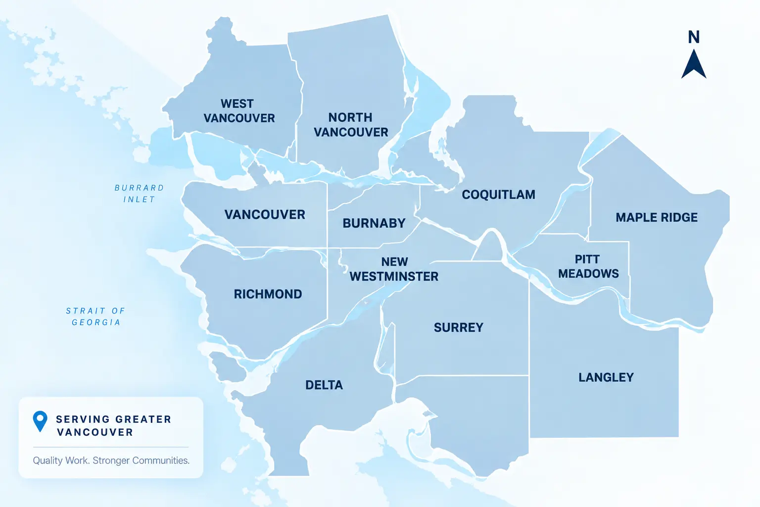 Map showing new construction foundation waterproofing service areas across Greater Vancouver