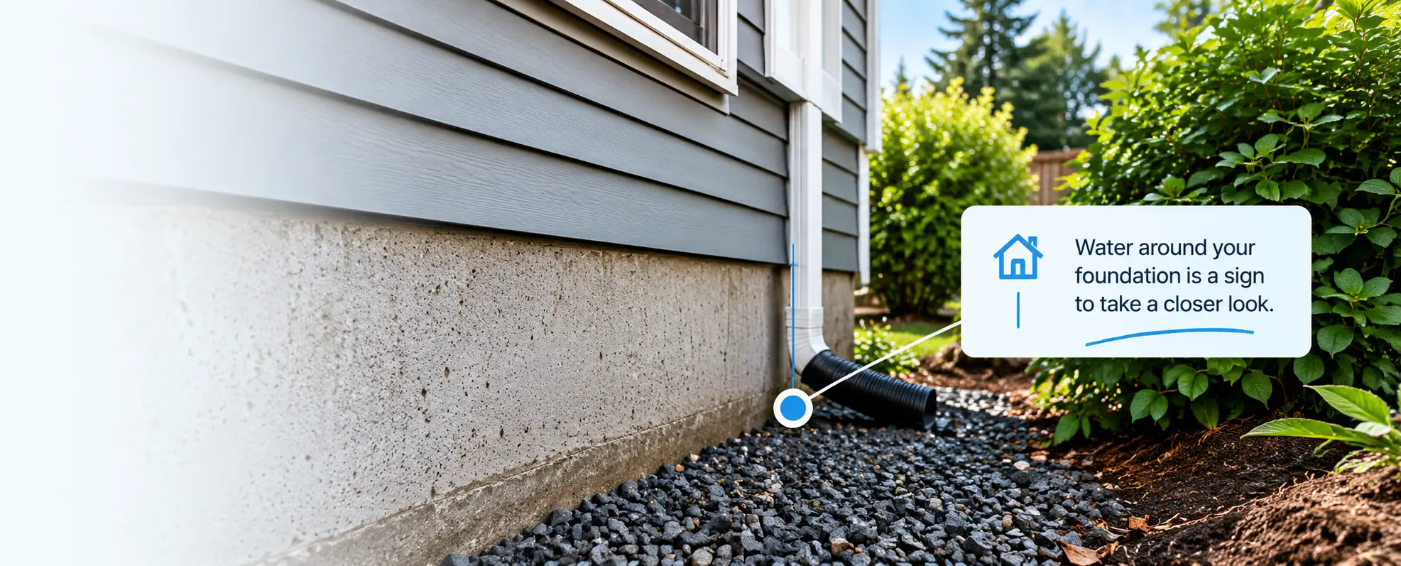 Water around a foundation indicating a possible perimeter drainage problem