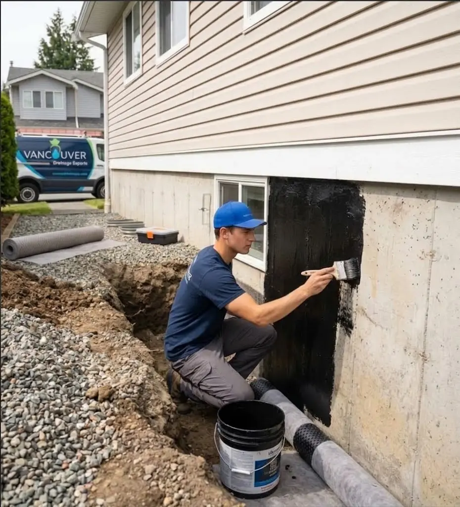 Exterior foundation waterproofing work being completed in Vancouver