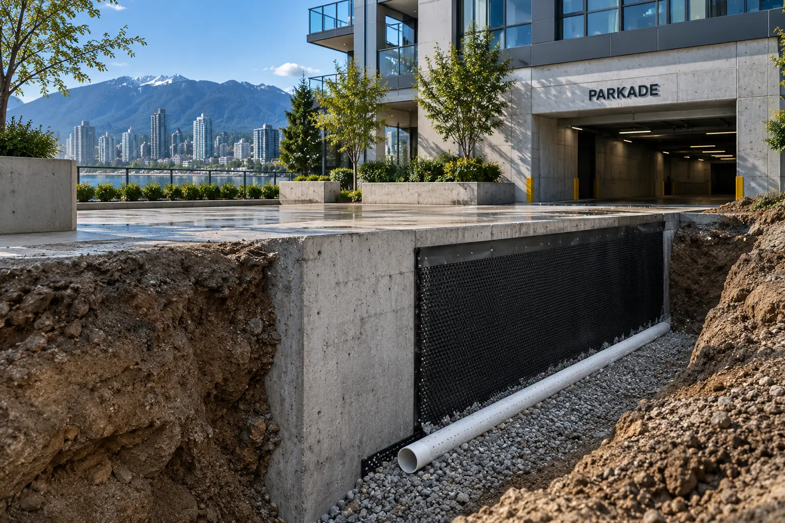 Commercial foundation waterproofing and drainage excavation